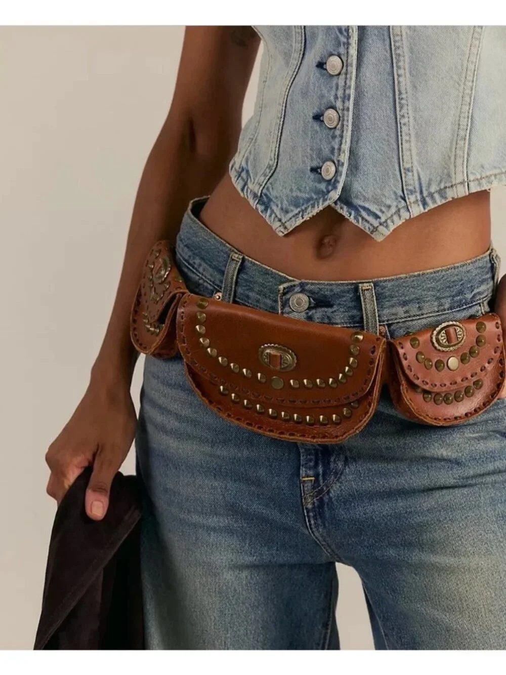 Free People Lucky Stars Leather Pocket Belt Country Western Festival Womens S M